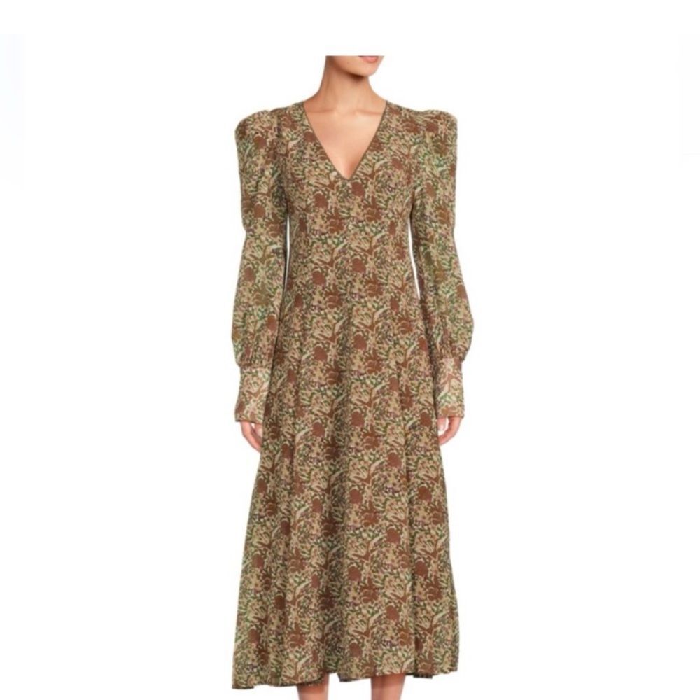 O.P.T Floral Midi Dress Small Women’s Brown Puff Sleeve V-Neck Long Sleeve Boho